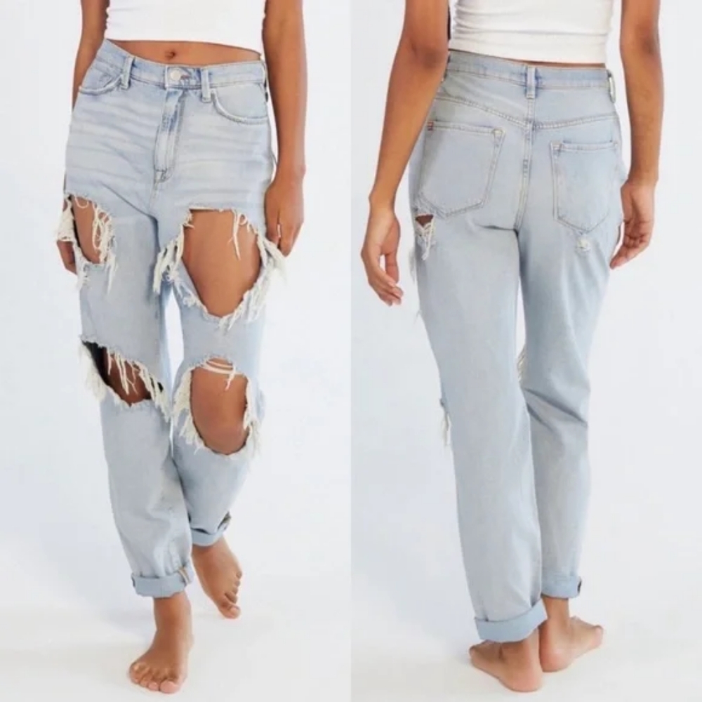 BDG Mom High Rise Destroyed Light Wash Jeans